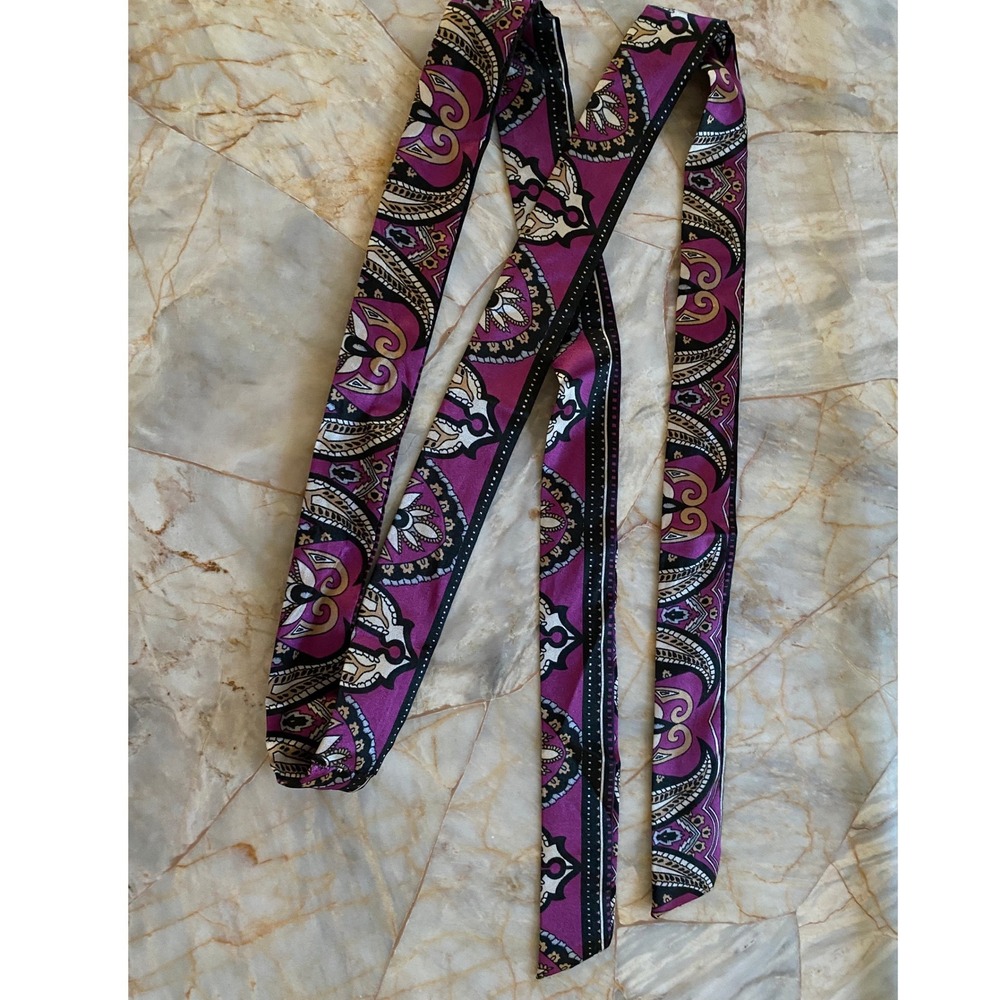 Purple Black Paisley Skinny Scarf Medallion Print Boho Sash Accessory 63 Inch